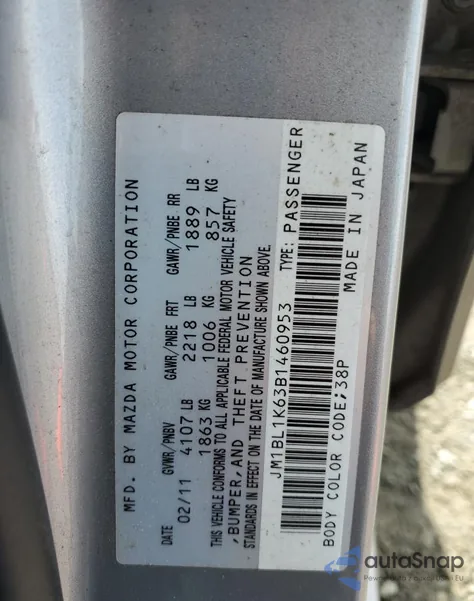 2011 Mazda 3 S z USA, uszkodzony, nr VIN JM1BL1K63B1460953